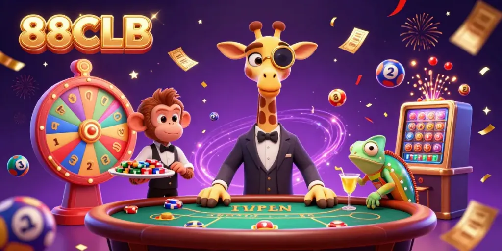 Experience the thrill of 88CLB with vibrant lottery balls and lively characters in a casino atmosphere.