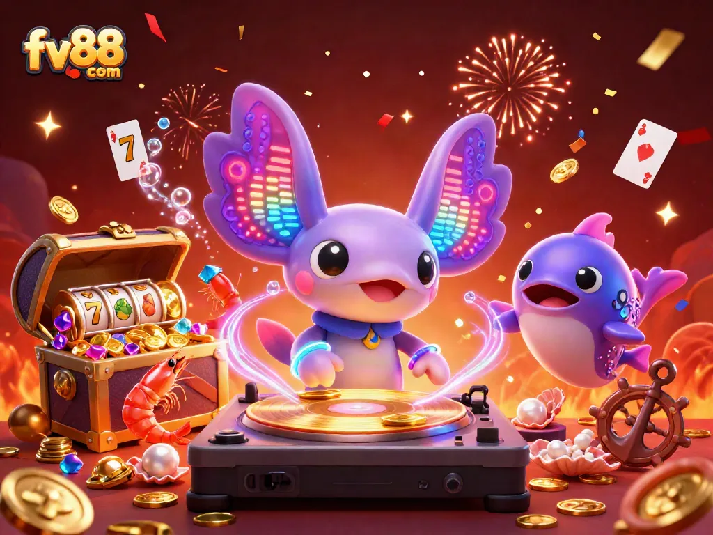 Experience thrilling slots with fv88 com featuring a neon axolotl DJ spinning gold and gems