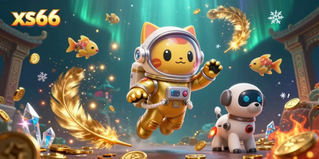 Experience the thrill of xs66 with a vibrant 3D illustration of a space cat and a robot dog amidst casino elements.