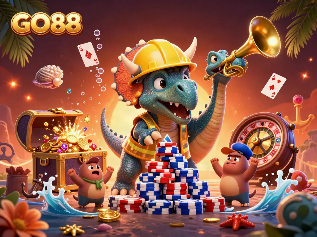 Engage in thrilling gameplay action at GO88, featuring vibrant 3D casino scenes.