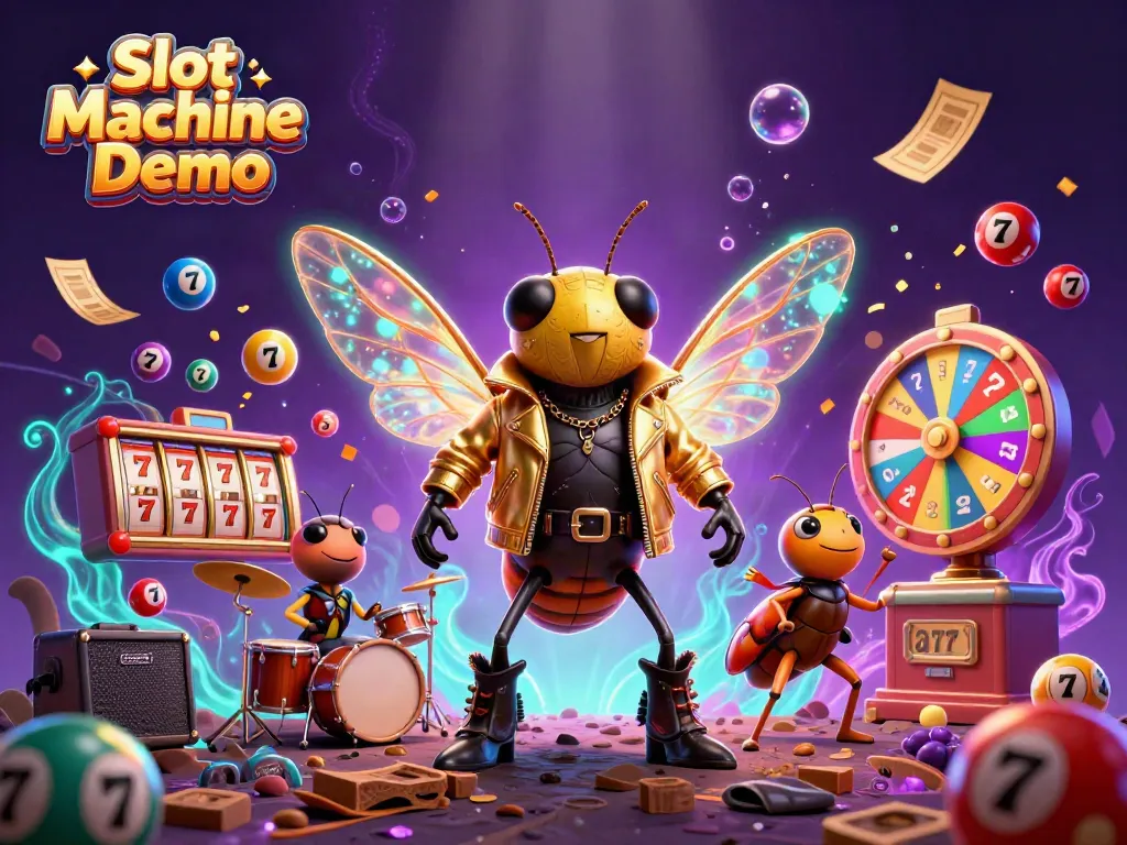 Engage in the dynamic action of Slot Machine Demo featuring a vibrant rock star cicada and a lively beetle drummer.