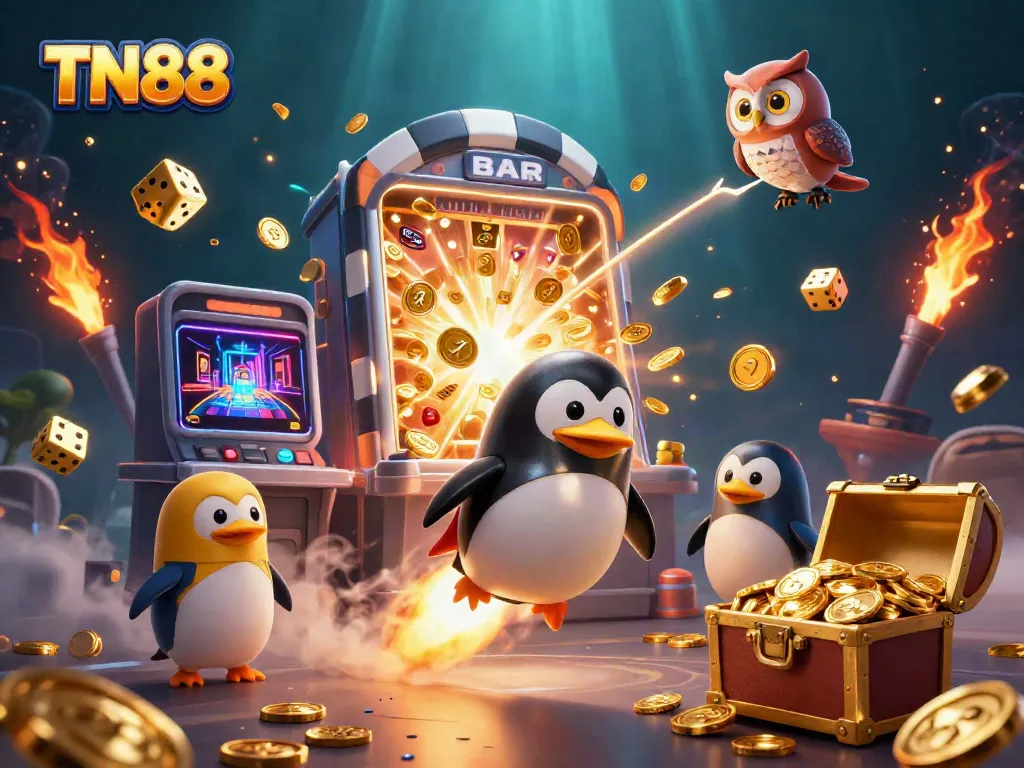 Experience the excitement of TN88 as a golden rocket penguin navigates a vibrant casino space scene.