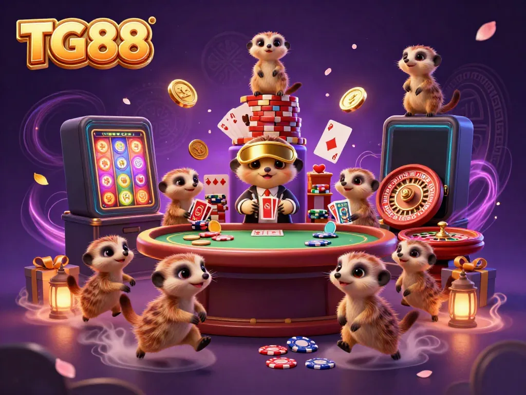 Win big at TG88 with playful meerkats running a vibrant casino, showcasing colorful games and sparkling coins!