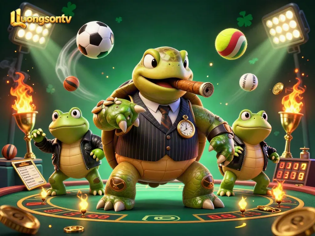 Bet on thrilling games with luongsontv featuring a vibrant casino scene with cartoon characters and sports elements.