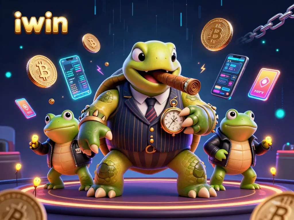 Engage with iwin's vibrant casino scene featuring a snapping turtle in a mobster suit surrounded by crypto coins.