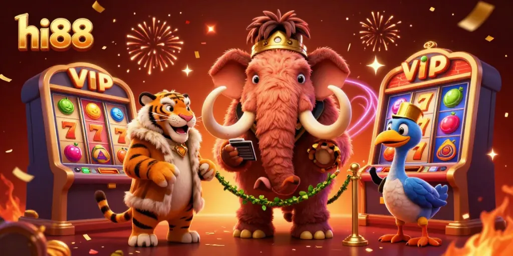 Experience excitement at hi88 with a vibrant casino scene featuring a bouncer, VIP, and doorman amid slot reels and confetti.