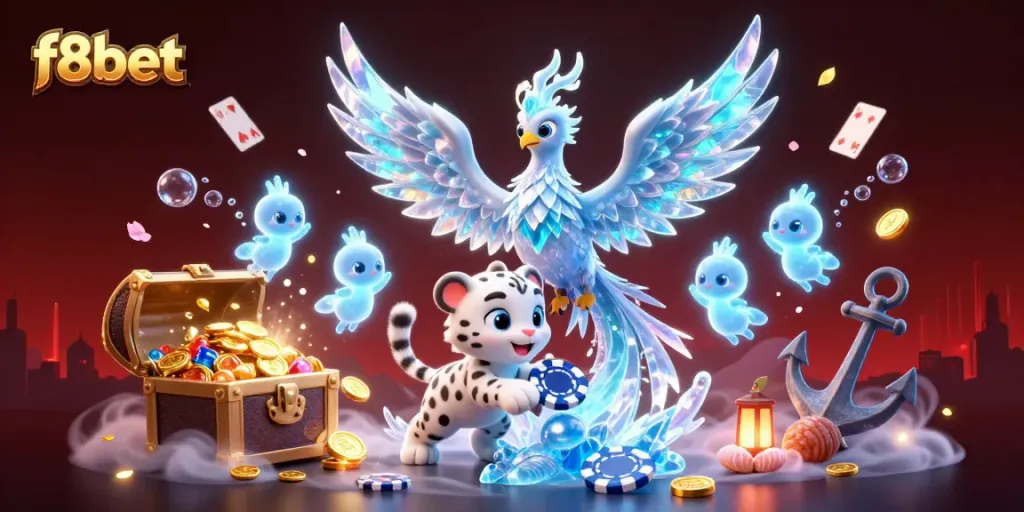 Experience thrilling gaming escapades at f8bet, highlighted by an enchanting phoenix and dazzling poker chip.
