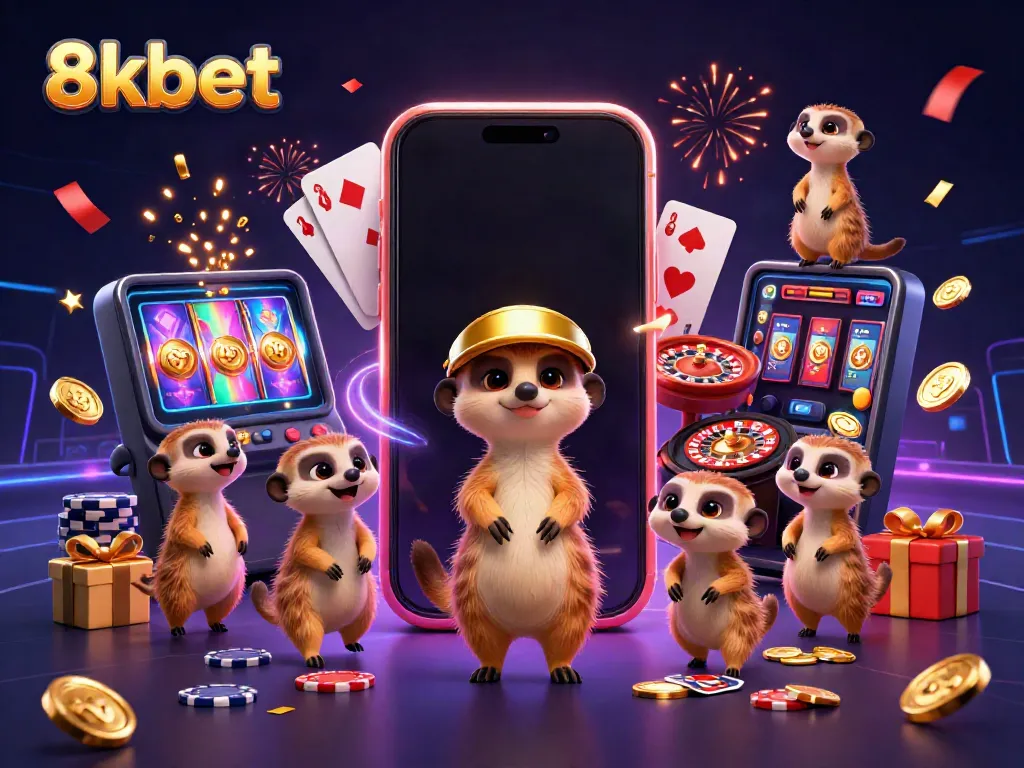 Experience thrilling gaming with 8kbet's vibrant meerkat casino illustration showcasing action and excitement.