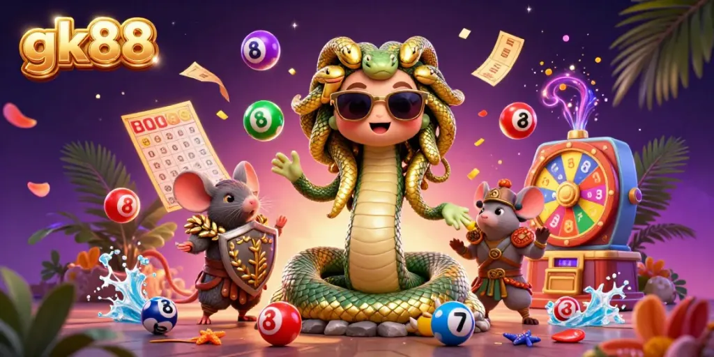 Engage with the vibrant world of gk88, showcasing casino excitement with Medusa and characters amidst lottery elements.