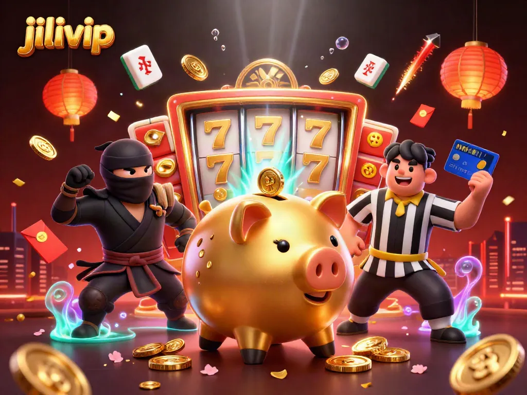 Engage in thrilling gameplay with jiliVIP as a giant golden piggy bank sums up the excitement in this vibrant casino scene.