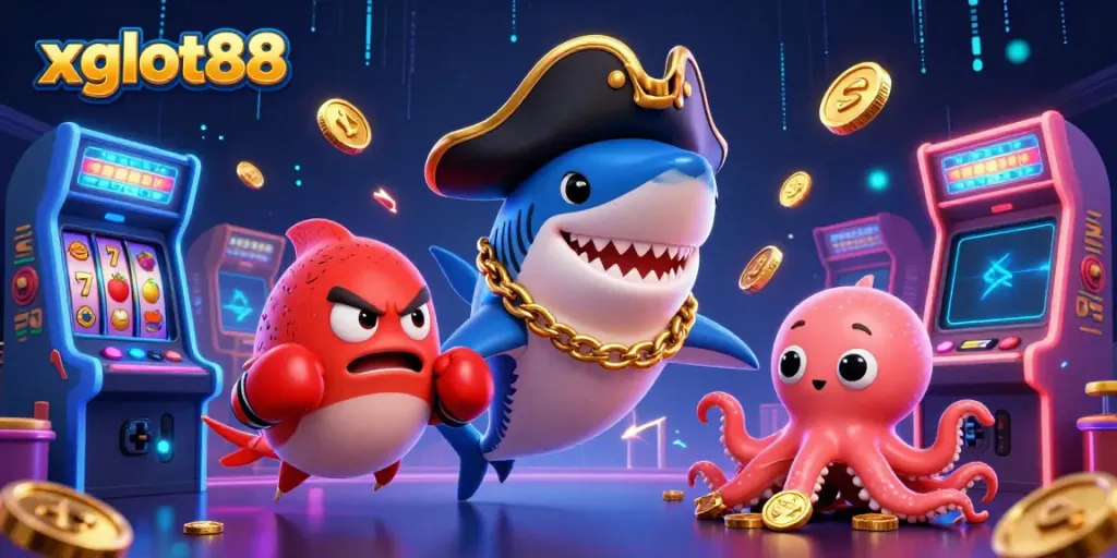 xgslot88 menampilkan karakter hiu kartun 3D dan elemen permainan slot yang menarik.