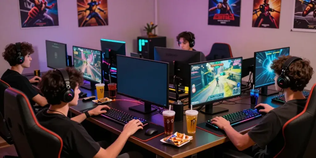 Engaged friends experiencing kilat 404 in a vibrant gaming atmosphere
