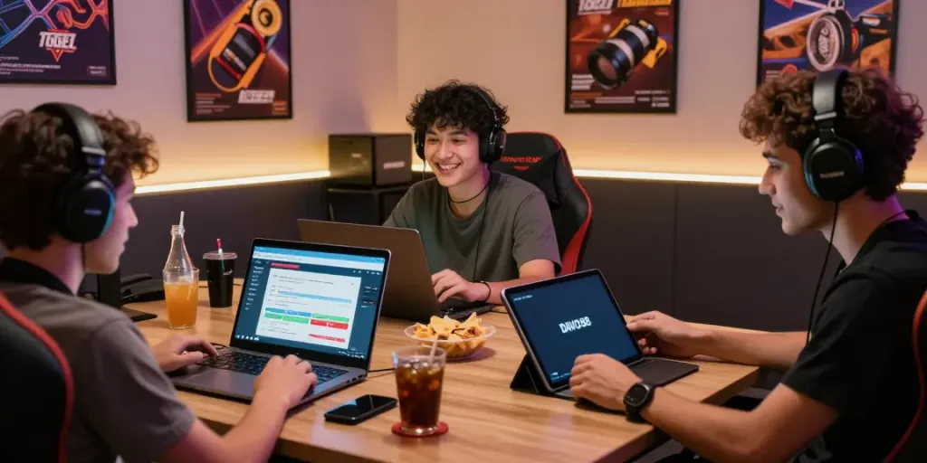 Engaged players enjoying DAVO88 Togel online gaming experience with devices and snacks