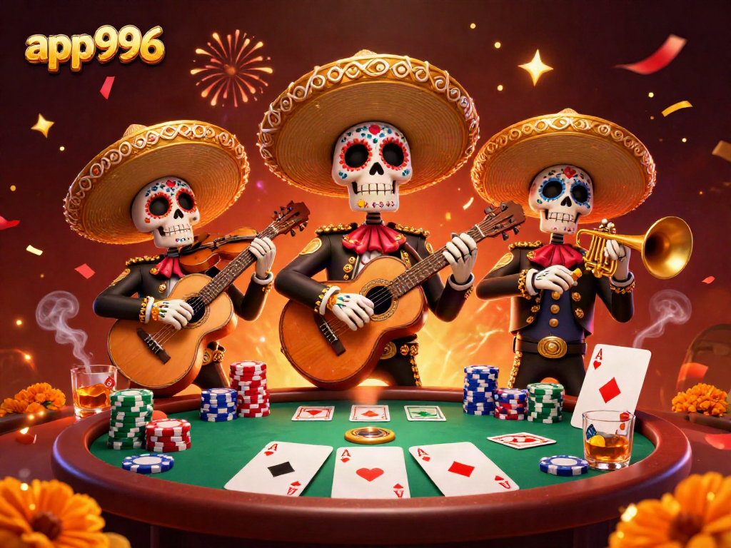 Experience thrilling poker action with app996 in this vibrant 3D illustration featuring a mariachi band.