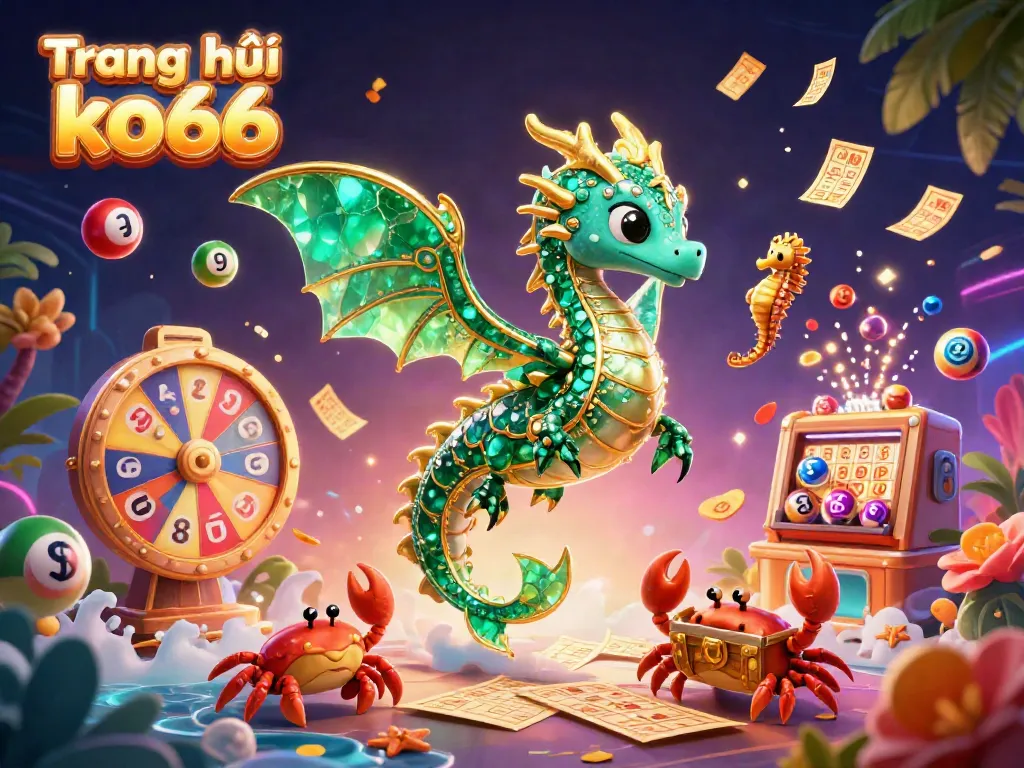 Experience the vibrant excitement of Trang chủ ko66 with a sea dragon, seahorses, and lottery balls in a lively scene.