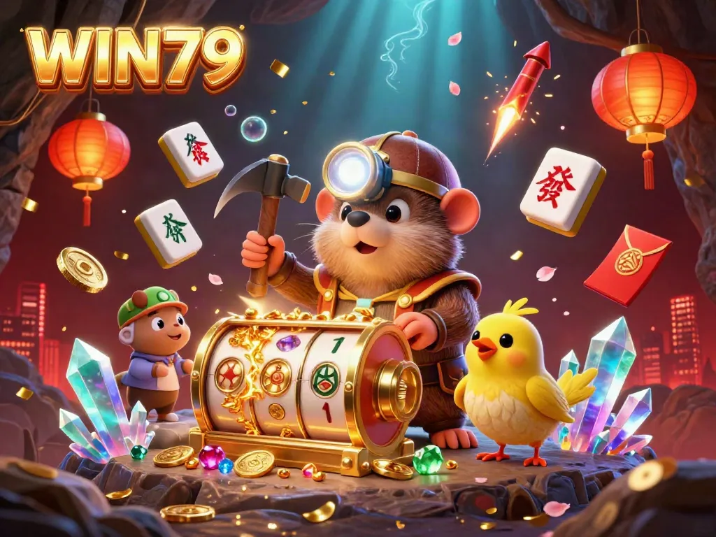 The animated treasure hunter mole from WIN79 mines for treasure amid colorful casino elements.