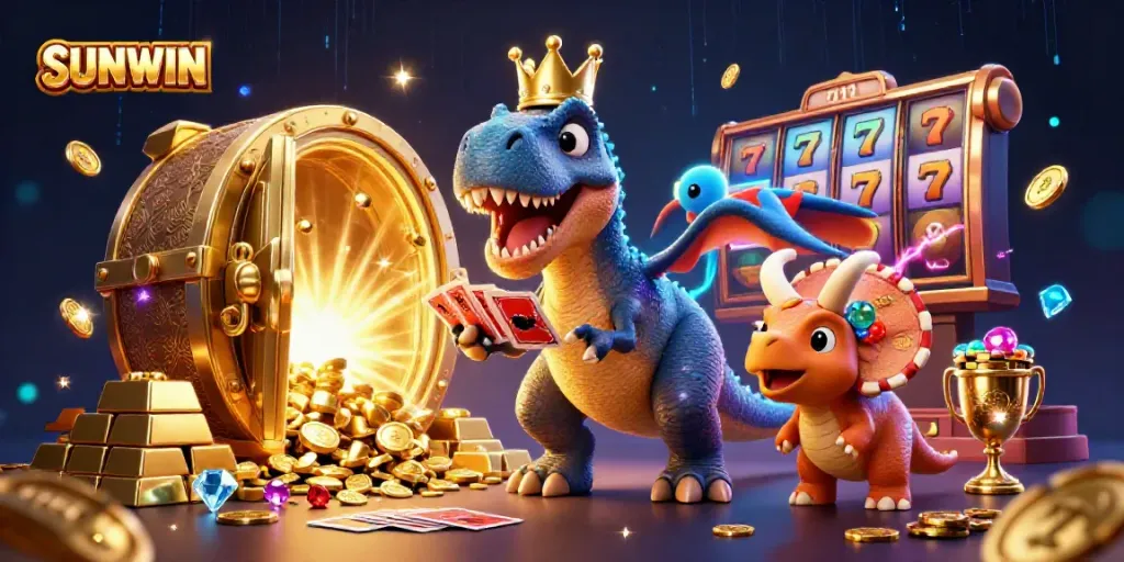 SUNWIN showcases a playful T-Rex card shuffling with vibrant slot elements in a rich casino scene.