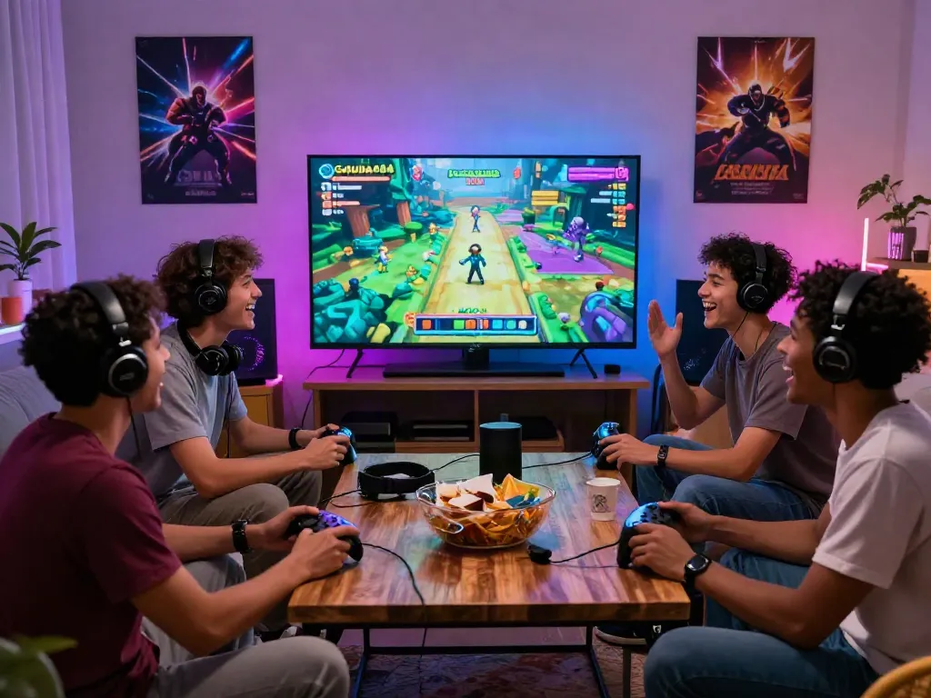 Friends enthusiastically playing Garuda404 game in a vibrant living room, showcasing gaming gear and atmosphere.