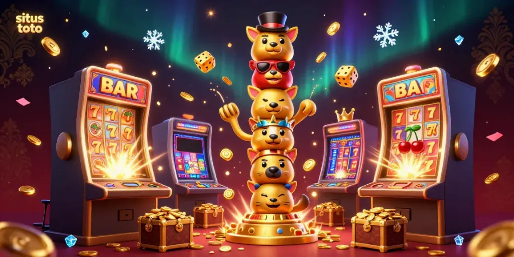 Permainan situs toto dengan totem emas dan mesin slot menghasilkan jackpot di latar belakang yang mewah.