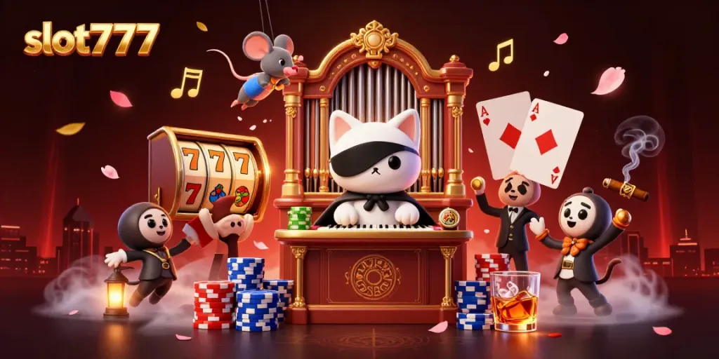 Gambarkan slot777 dengan karakter kucing opera dan elemen kasino yang menarik.