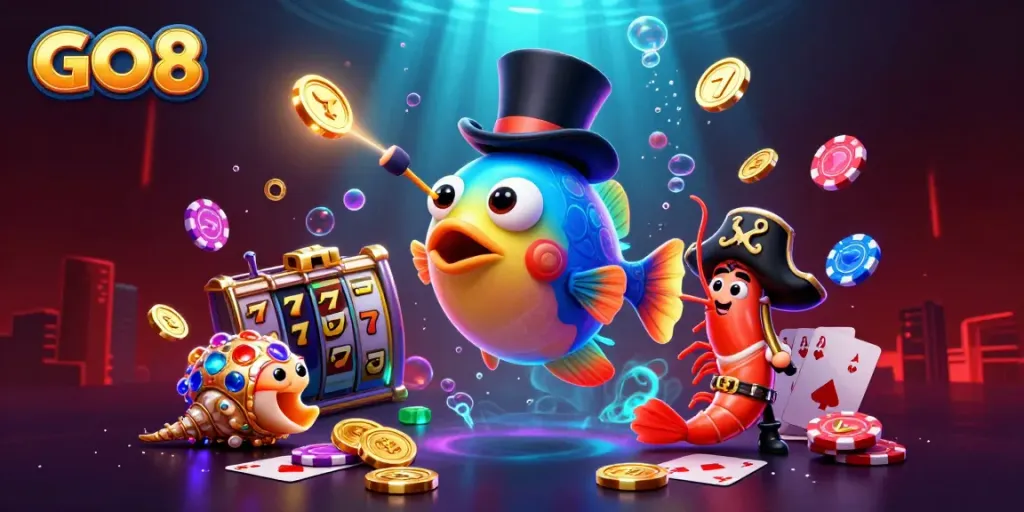 Experience the thrill of GO8 with a dazzling scene of a whimsical anglerfish and pirate shrimp engaging with slot machines and poker chips.