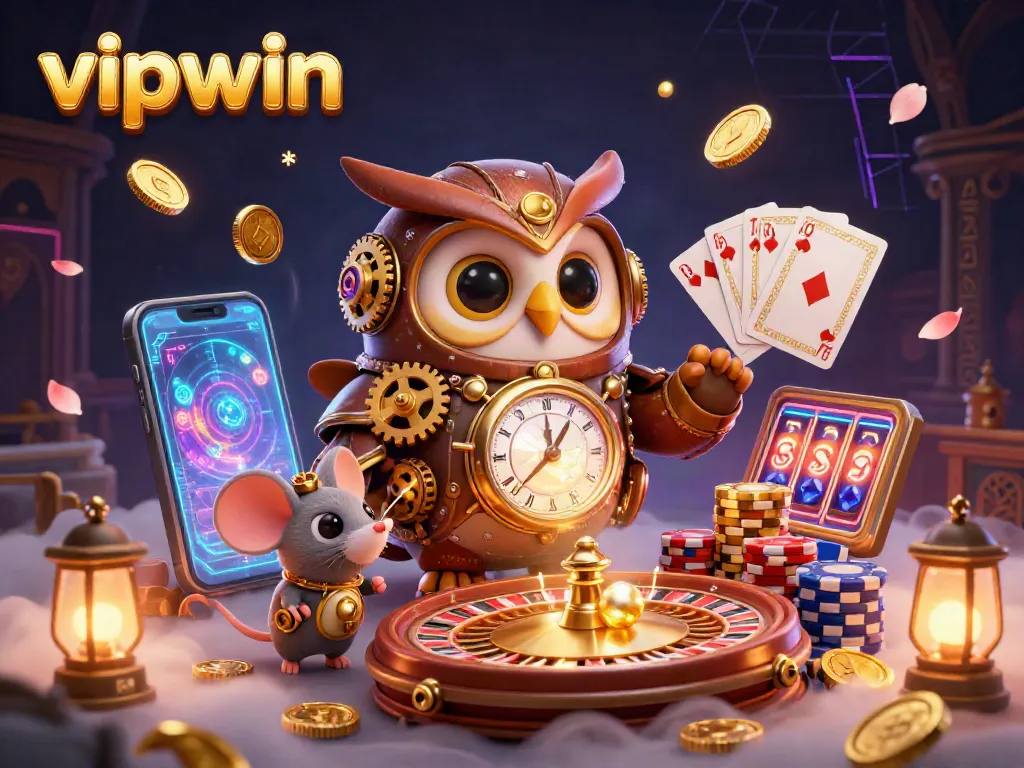 Experience the excitement of vipwin with a time-traveler owl, vibrant casino elements, and golden treasures.