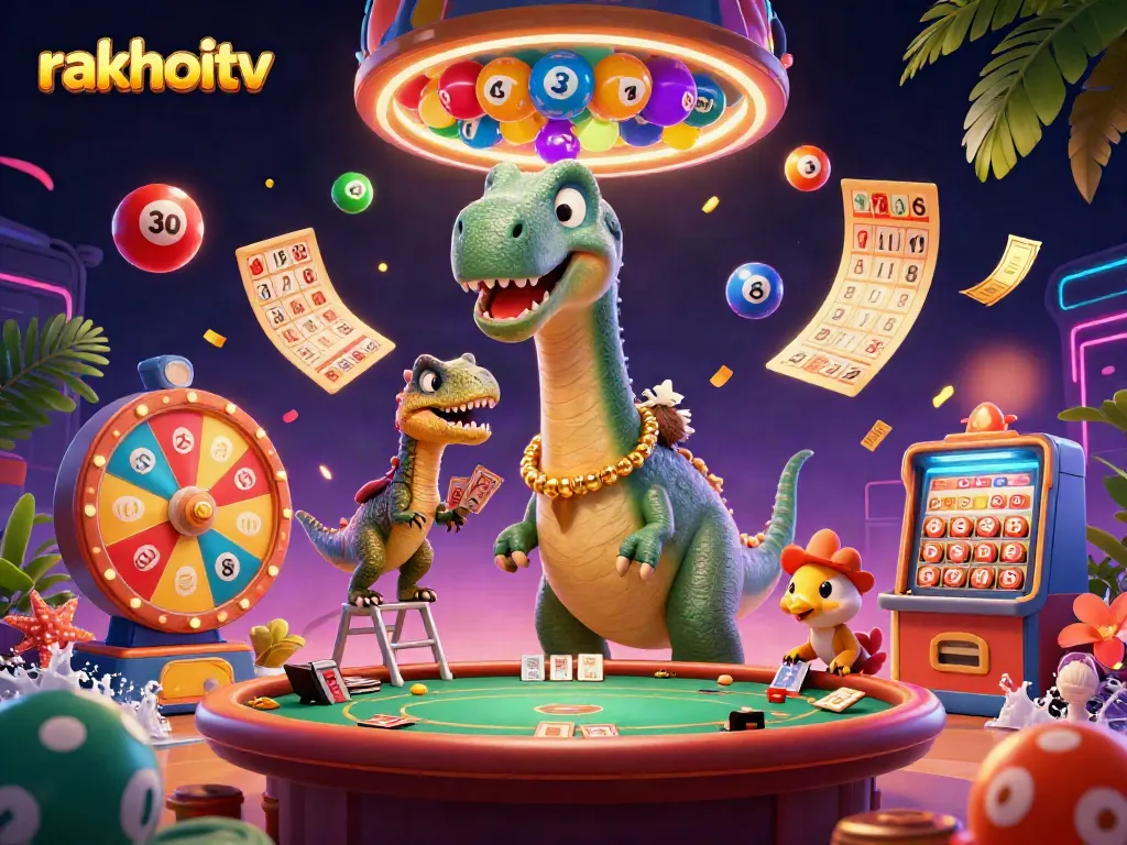 Watch a giant rakhoitv cartoon brontosaurus overseeing a poker game, filled with vibrant lottery elements.