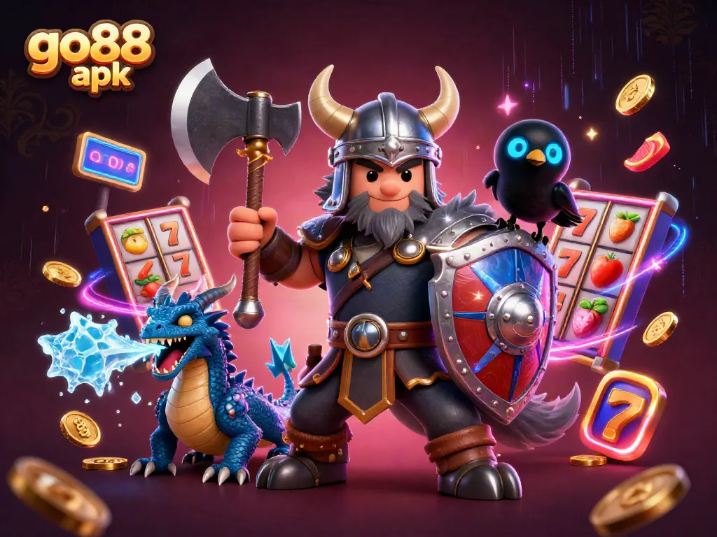 Experience thrilling gameplay and vibrant design with the go88 apk, capturing a Viking warrior, dragon, and slots in action.