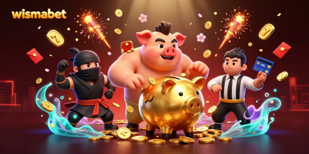 Wismabet menampilkan karakter celengan, ninja, dan samurai dalam ilustrasi kasino 3D yang mendebarkan.