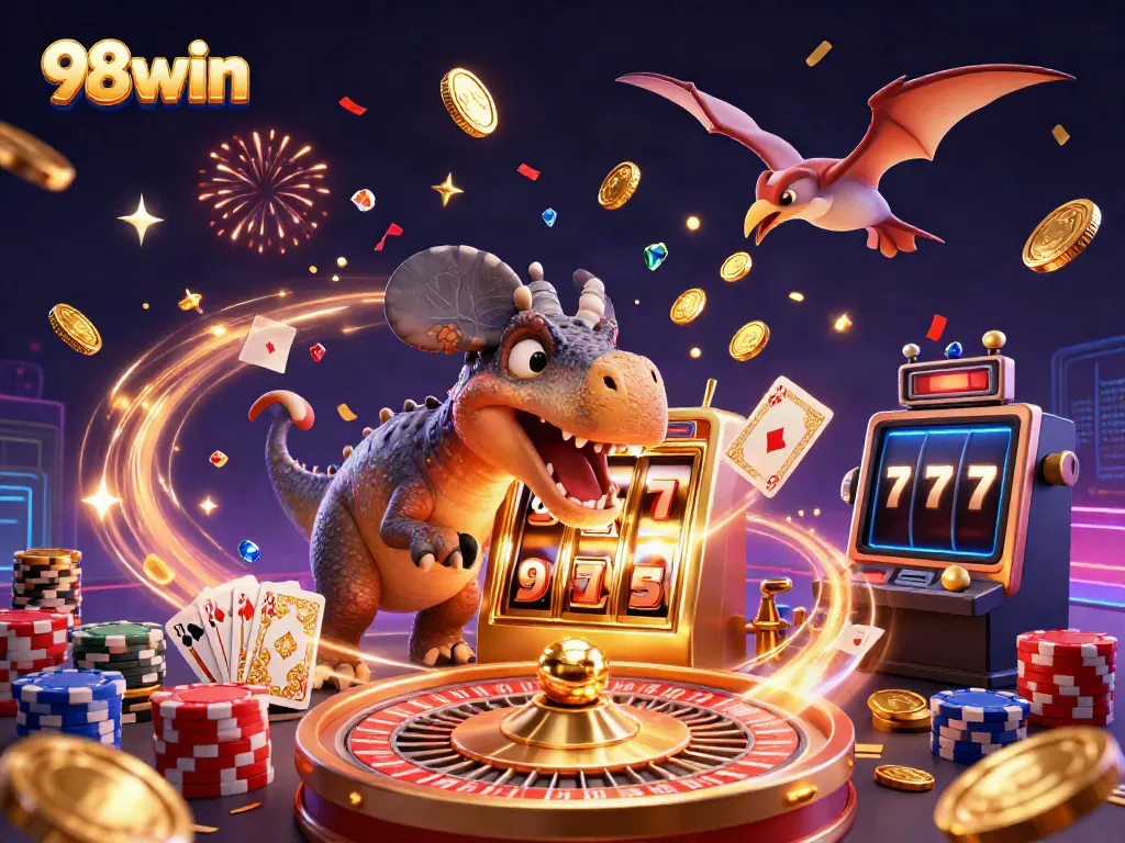 98win casino features a pachycephalosaurus winning jackpots while coins cascade in a vibrant atmosphere.