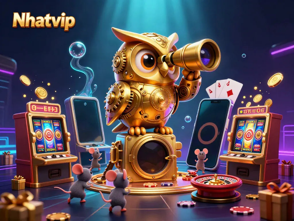 Nhatvip gamers enjoy spinning reels as a golden owl oversees thrilling casino action.