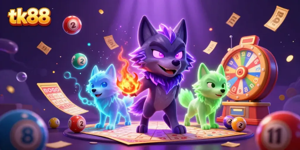 Enter the winning world of tk88 with glowing wolves and colorful lottery elements in a dynamic scene.