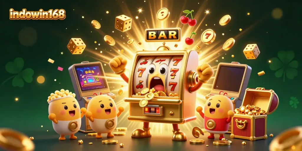 Koin berjatuhan dari mesin slot emas indowin168 yang terkejut saat jackpot, dikelilingi slot kecil dan mesin popcorn.