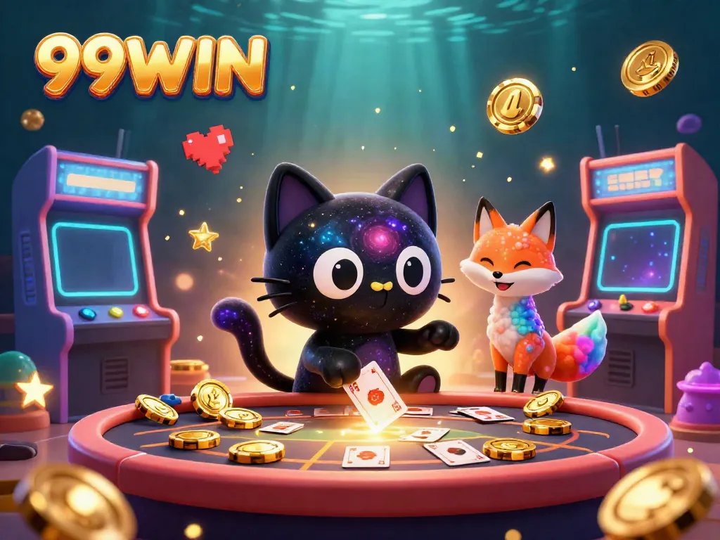 Experience thrilling wins with 99WIN in a vibrant cosmic casino setting filled with game elements.