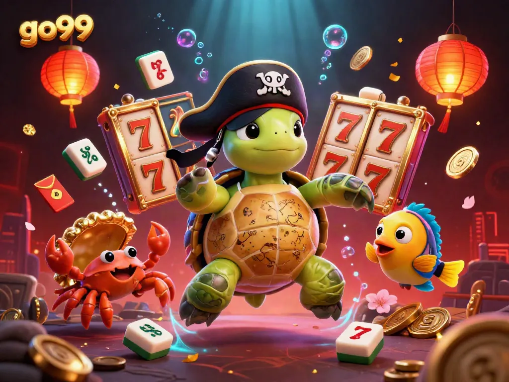 Experience the excitement at go99 with a whimsical 3D pirate turtle and vibrant casino elements.