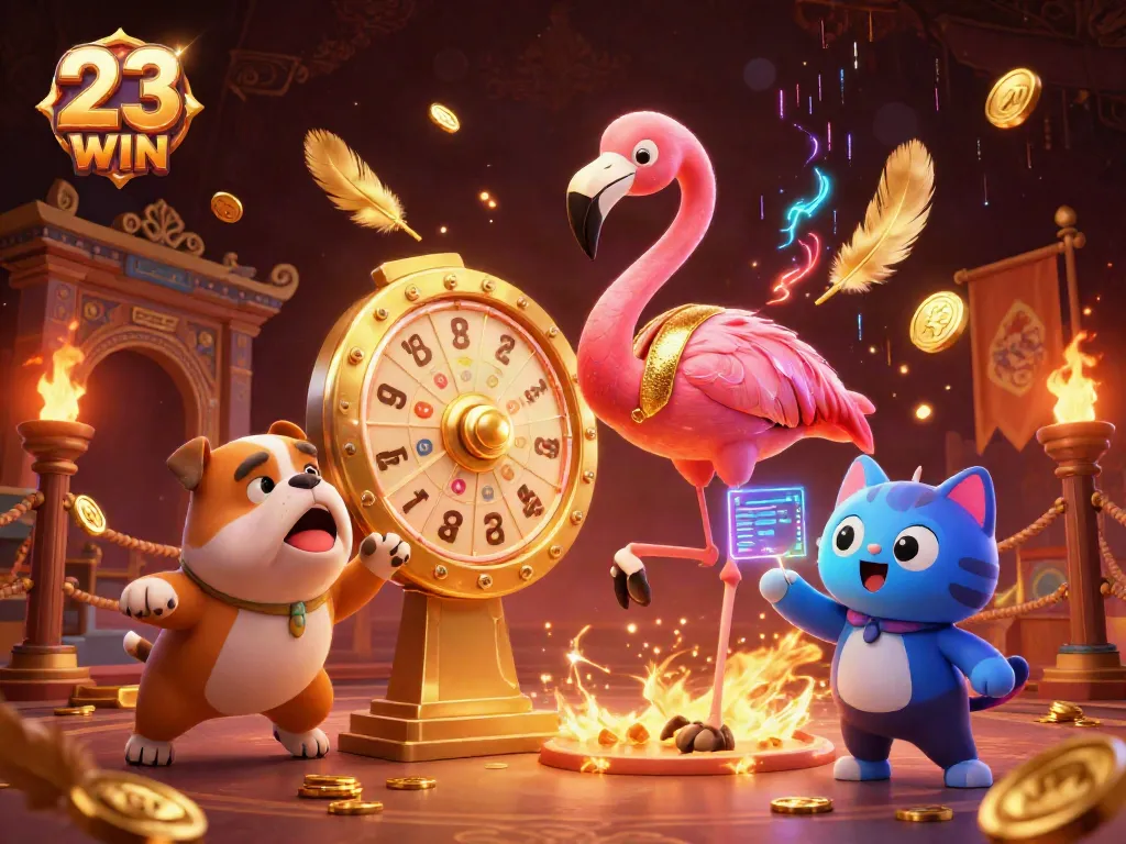 Spin the giant prize wheel with 23 WIN for exciting casino rewards in a vibrant animated scene.