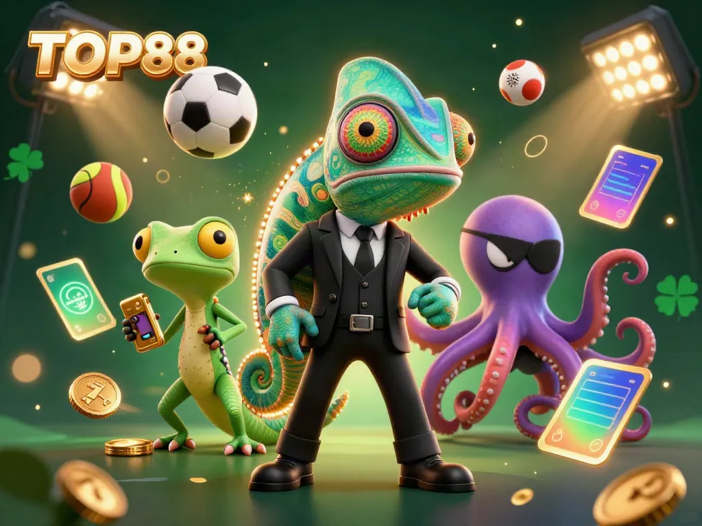 Experience the dynamic gaming world of TOP88 with vibrant characters and sports elements in a casino scene.