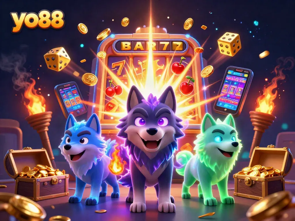 Experience the excitement of yo88 as jackpot symbols and winning coins burst forth amidst a magical casino scene.