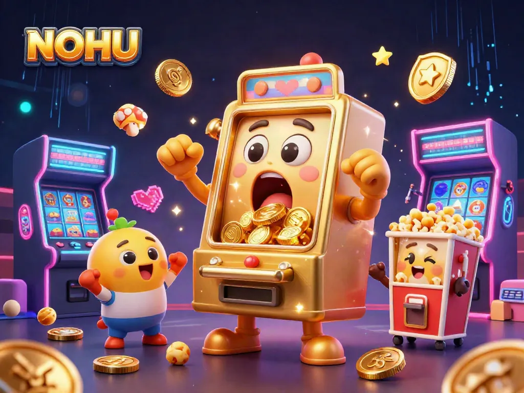 NOHU slot machine celebrating a jackpot win with baby slots and popcorn, vibrant casino atmosphere.