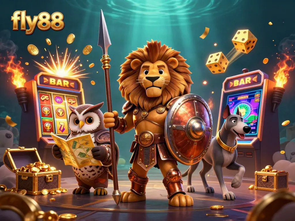 Fly88 showcases a vibrant 3D casino scene with characters celebrating a jackpot win amidst flying coins.