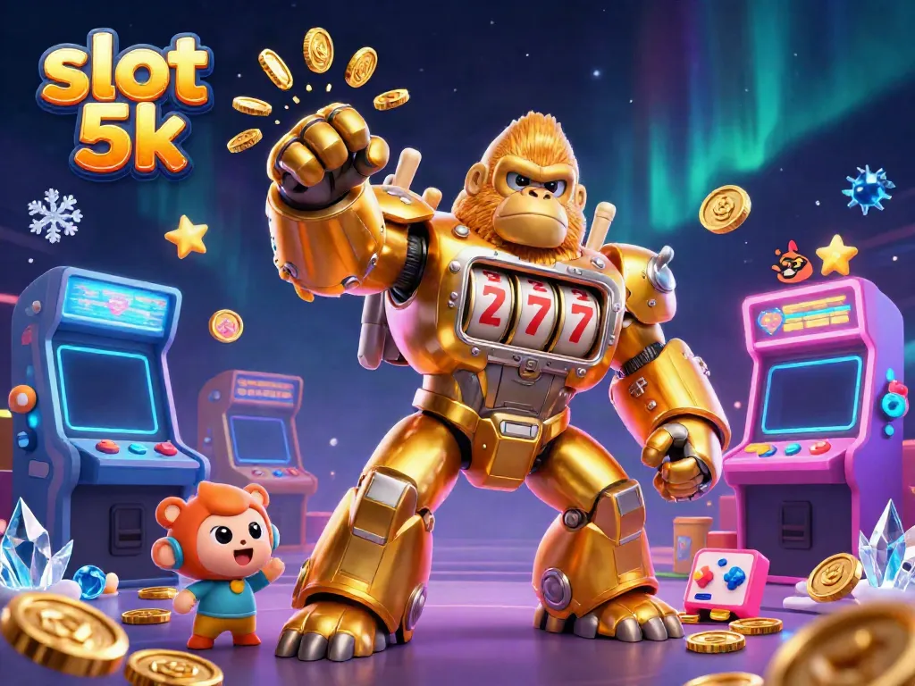 Spin to win with slot 5k in this vibrant 3D illustration of a gorilla mech, surrounded by arcade elements.