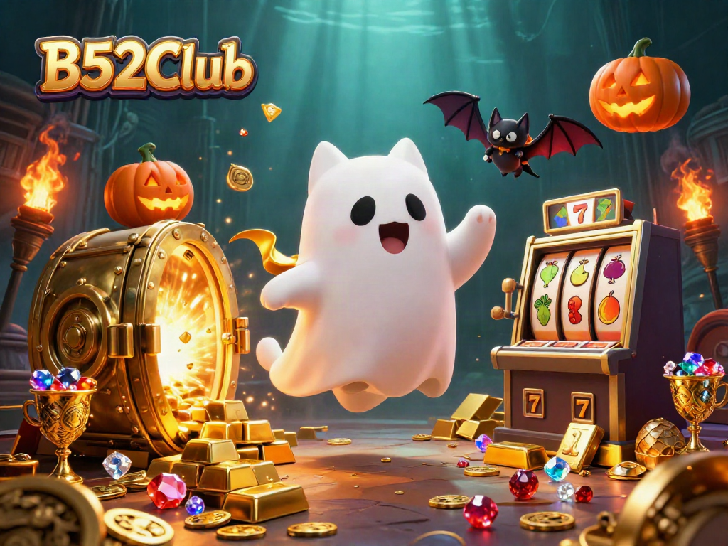 Experience thrilling wins at B52Club with a ghost cat and vampire bat in an enchanting casino scene.