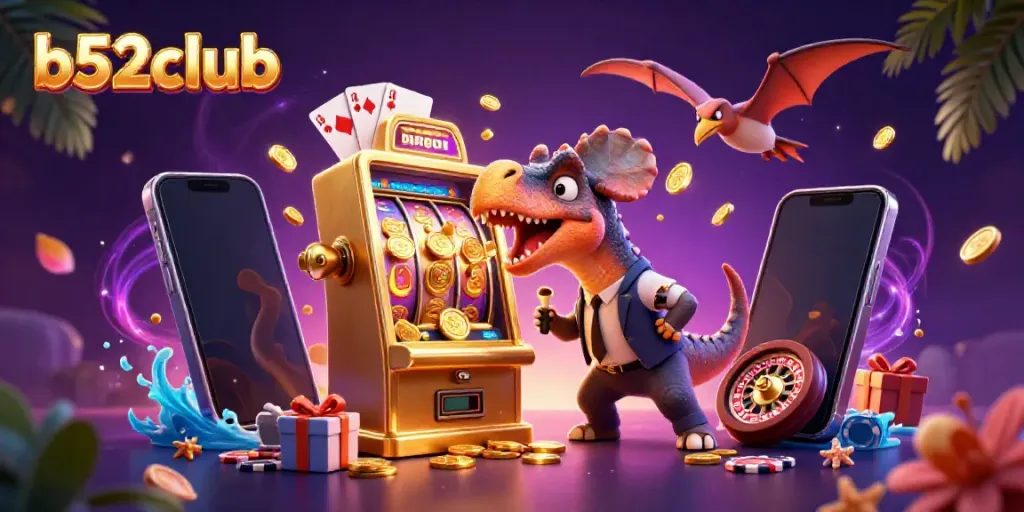Catch golden coins at b52club with thrilling slot action featuring cartoon dinosaurs.