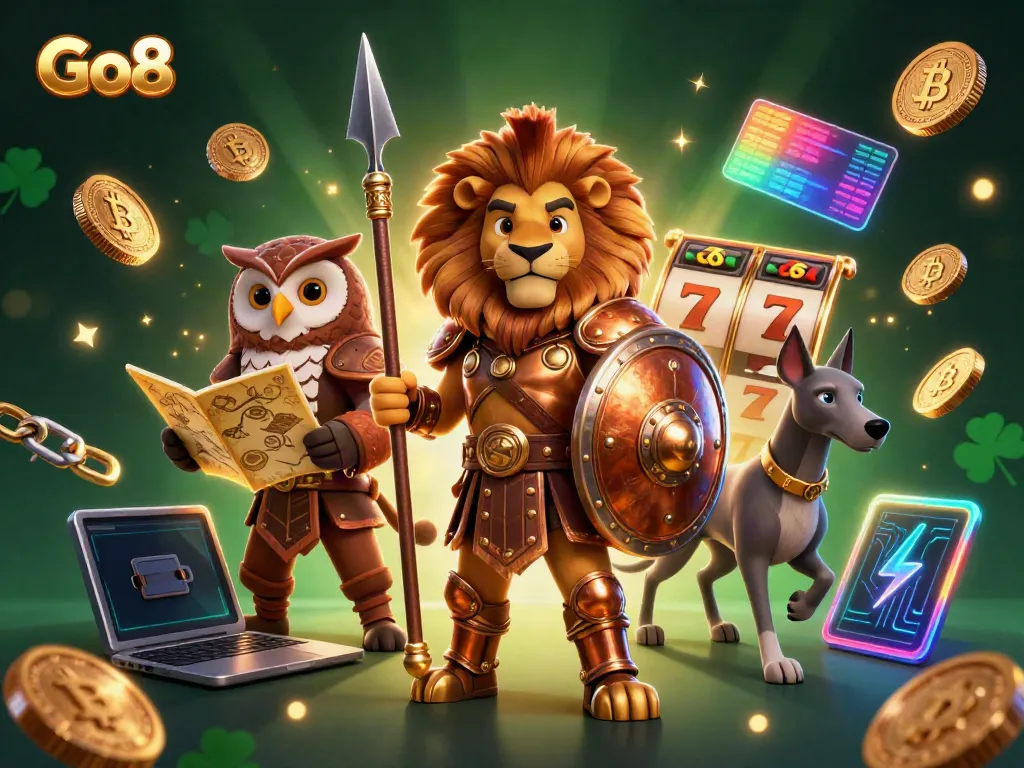Experience the thrill of Go8 gaming with a lively 3D casino scene featuring Spartan lion, owl strategist, and greyhound messenger.
