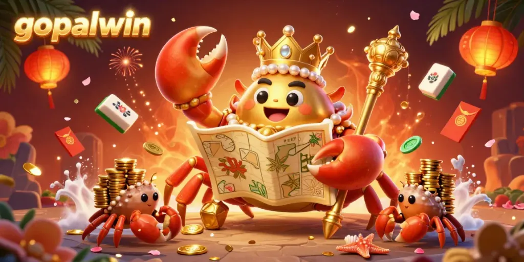 Experience gopalwin's vibrant gaming scene with a golden crab emperor surrounded by treasures and colorful elements.