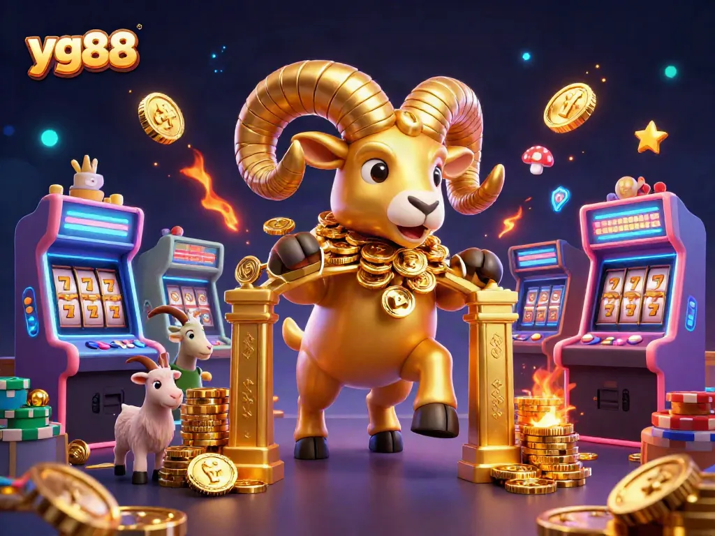 Engaging illustration showcasing yg88's vibrant casino game elements and a massive golden ram amid a dynamic setting.