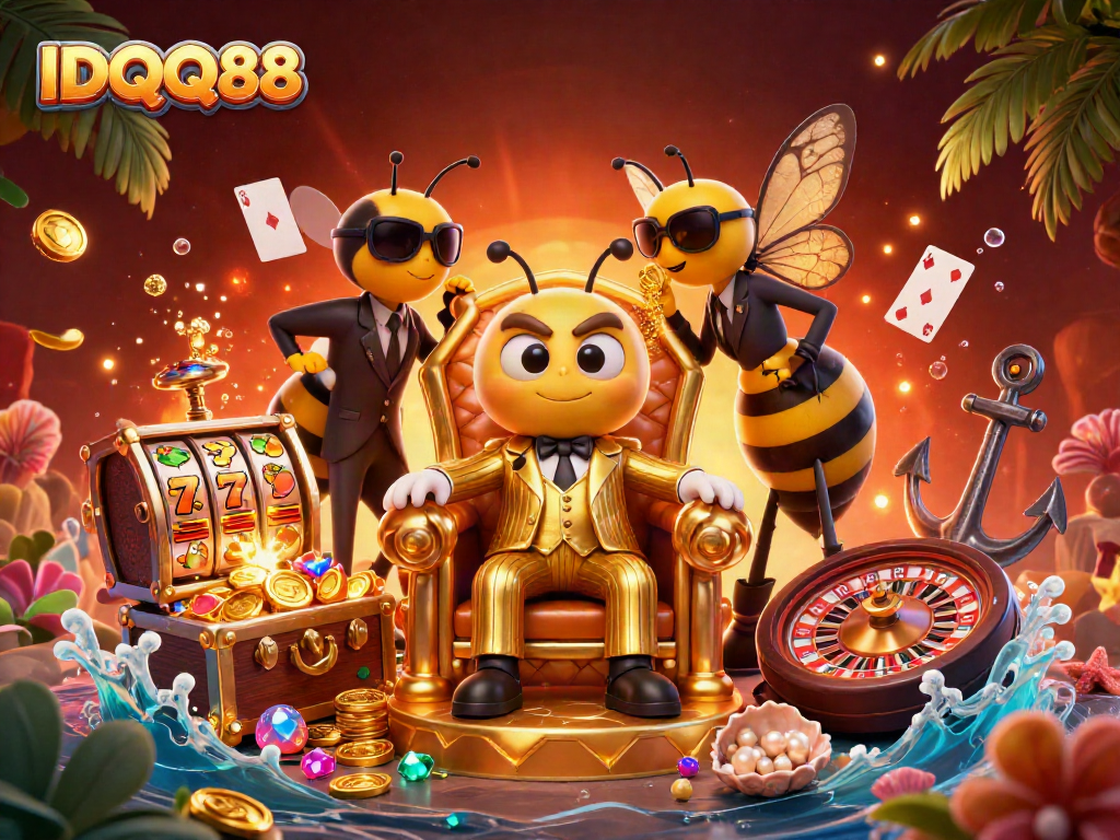 Engage with IDQQ88's exhilarating casino scene featuring vibrant characters and dynamic gambling elements.
