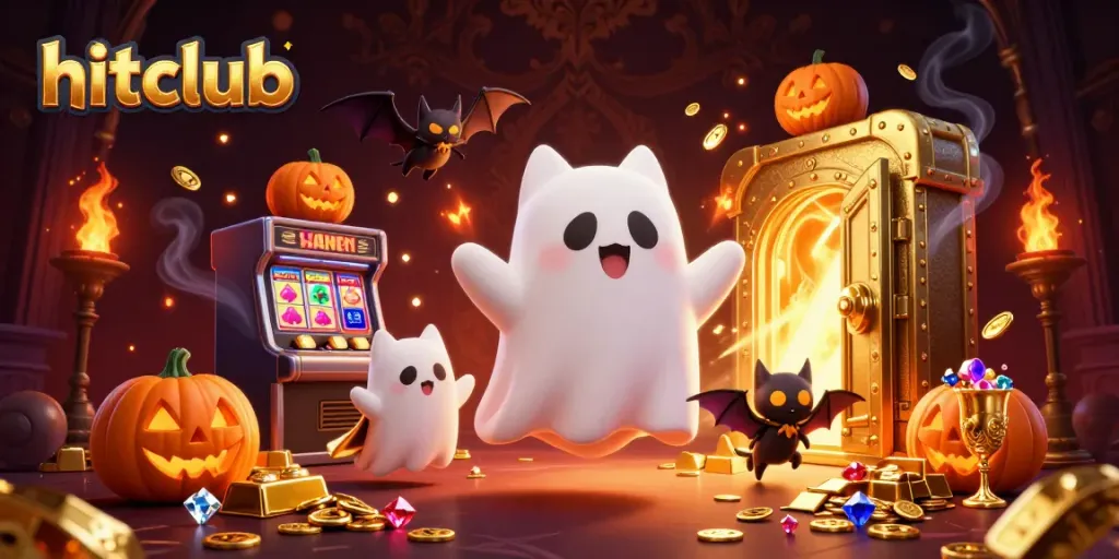 Engaging hitclub illustration featuring a ghost cat and vampire bat in a haunted casino amidst treasures.