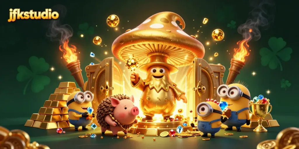 Join jfkstudio's magical gaming adventure with a golden mushroom wizard, pig, and treasure at a casino