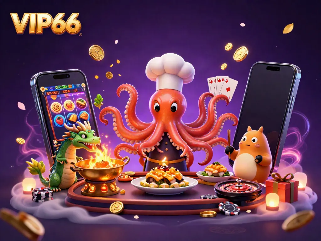Experience VIP66 with a vibrant 3D casino scene featuring rich game elements and animated characters.